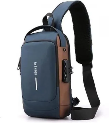 BIGWILL Crossbody Sling Bag for Men & Women – Waterproof Anti-Theft Chest Shoulder Bag with USB Charging Port – Stylish & Lightweight Travel Messenger DaypackSling Bag(Blue_Brown)